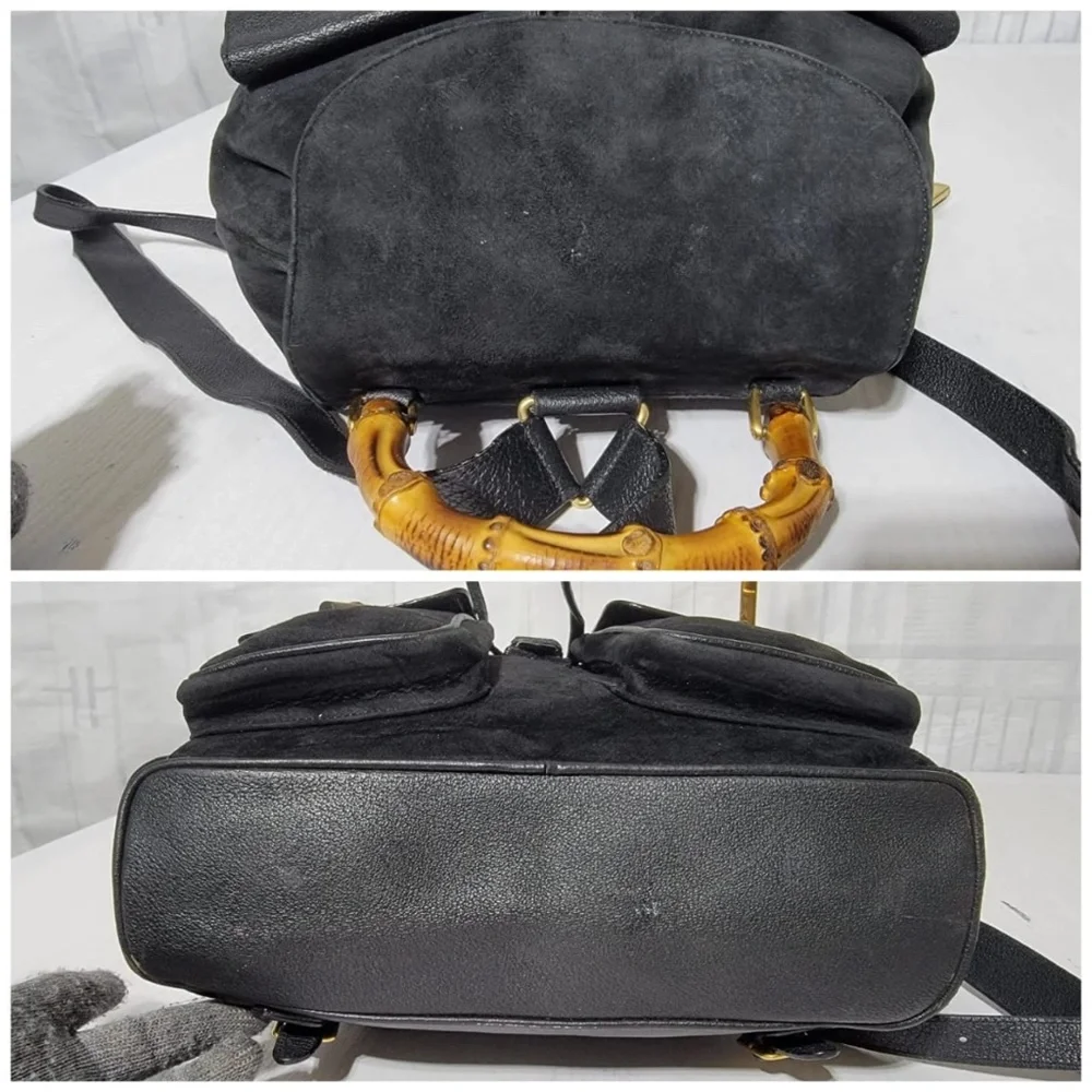 Authentic Gucci Vintage Suede & Leather Bamboo Backpack Black